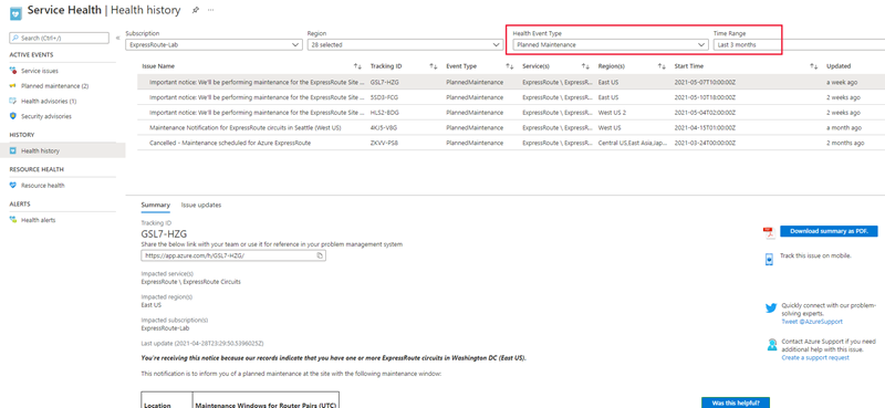 Capture d’écran de la maintenance passée sur la page Historique d’intégrité.