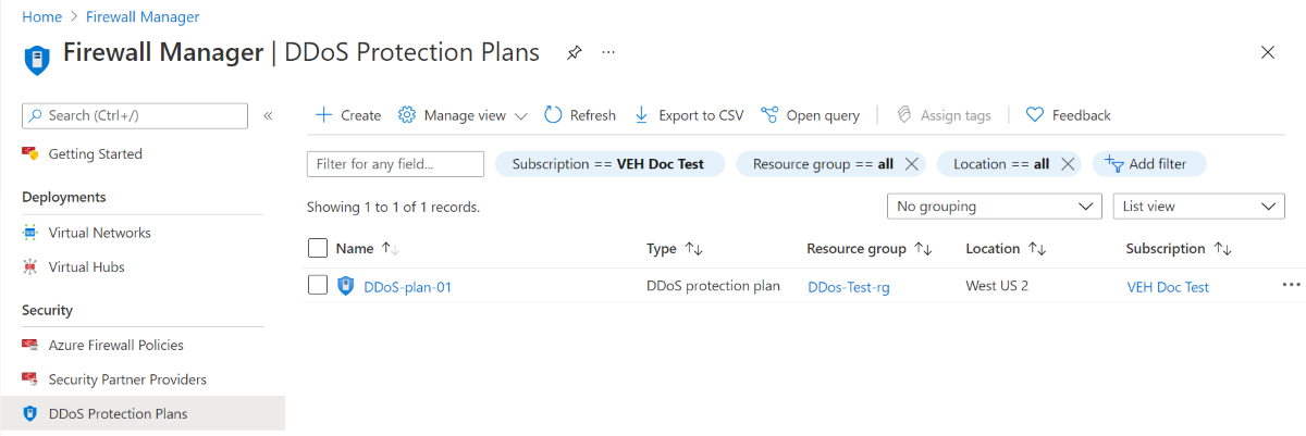 Capture d’écran de la page Plans de protection DDoS de Firewall Manager