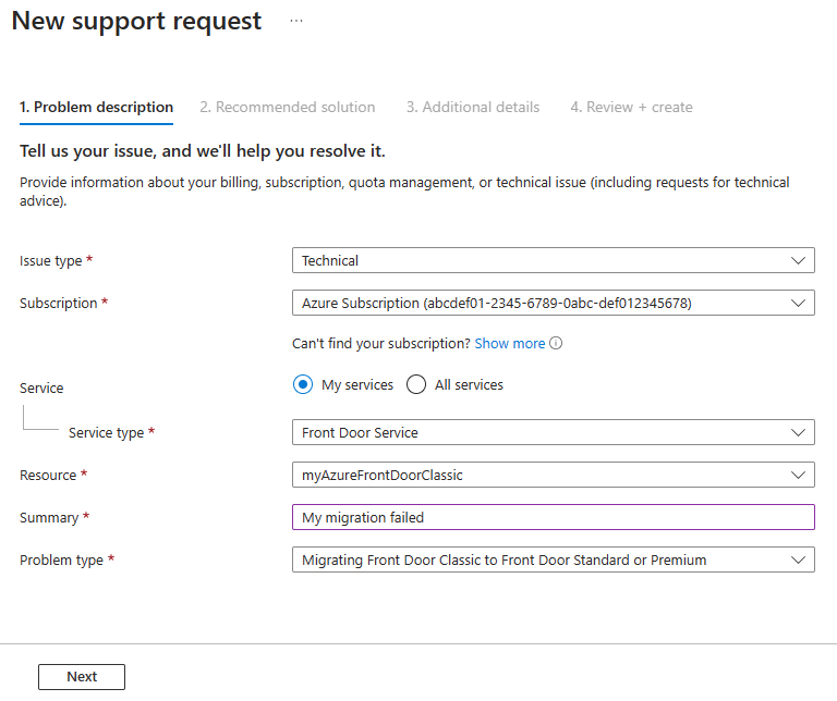 Capture d’écran d’une nouvelle demande de support pour le problème de migration Azure Front Door (classique).