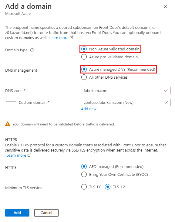 Capture d’écran montrant le volet Ajouter un domaine avec le DNS managé par Azure sélectionné.