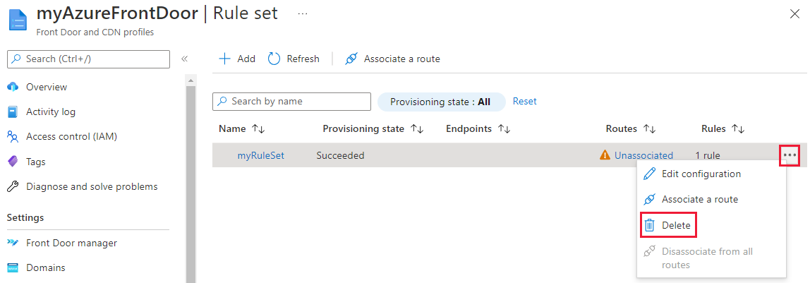 Capture d’écran de l’option de suppression d’un ensemble de règle dans la page Ensemble de règles.