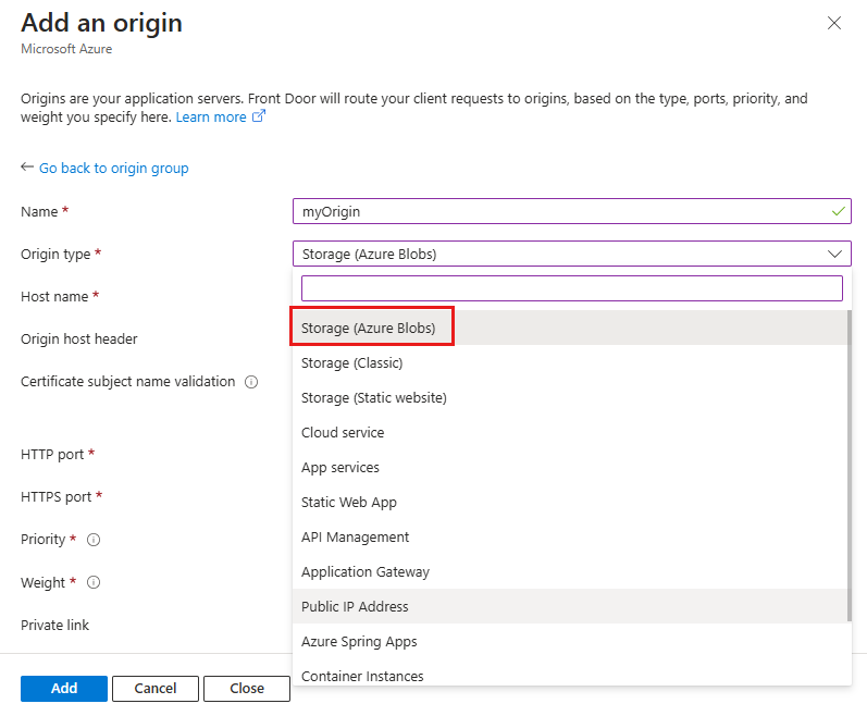 Capture d’écran de l’ajout d’objets Stockage Blob Azure comme origine à Azure Front Door.