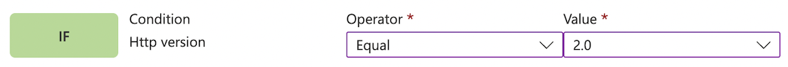 Capture d’écran du portail montrant la condition de correspondance de la version HTTP.