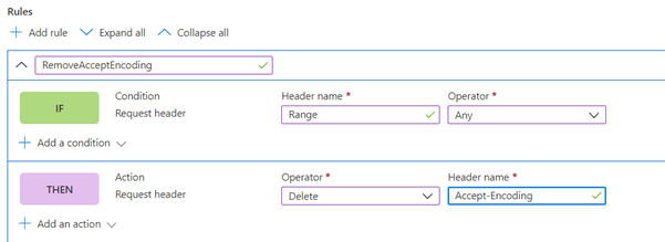 Capture d’écran montrant la règle Accept-Encoding dans un ensemble de règles.