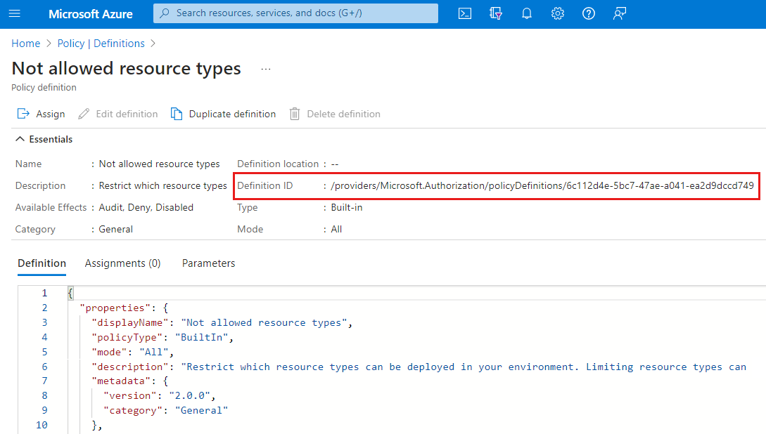 Screenshot of definition details screen for 'Not allowed resource types' policy.