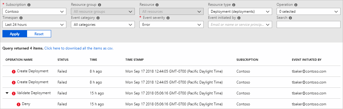 Capture d’écran du journal d’activité pour les activités et évaluations Azure Policy.