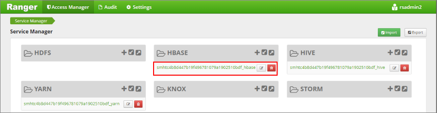 Capture d’écran montrant l’interface utilisateur de l’administrateur HDInsight Apache Ranger.