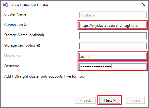 Link a cluster, HDInsight, Visual Studio.