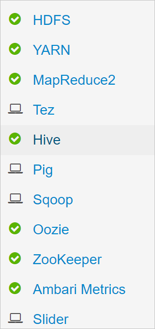 Liste des services Apache Ambari sélectionnant Hive.