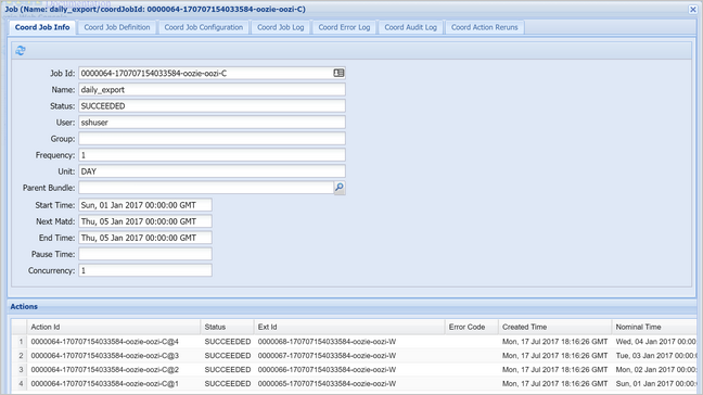 Tâche du coordinateur sur la console Web Oozie.