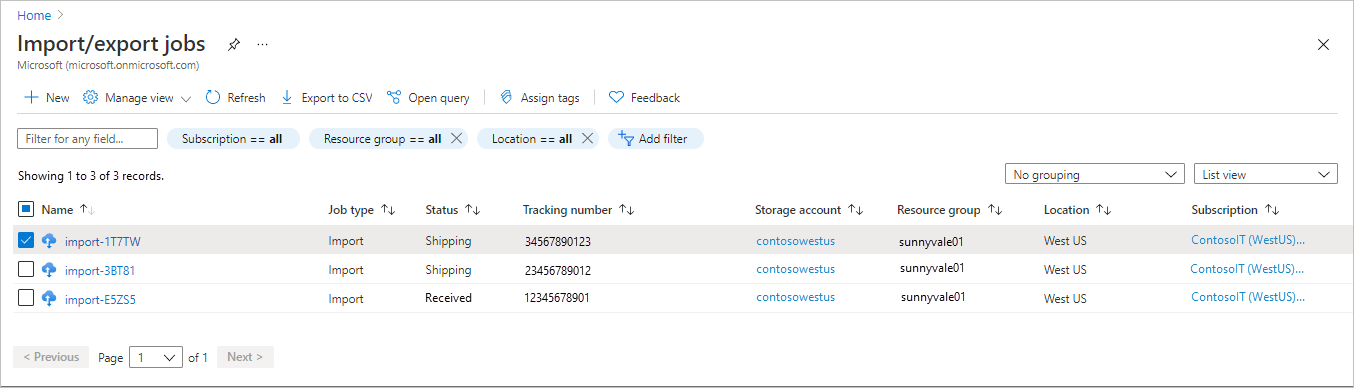 Capture d’écran des ressources Azure Import/Export dans le portail Azure.