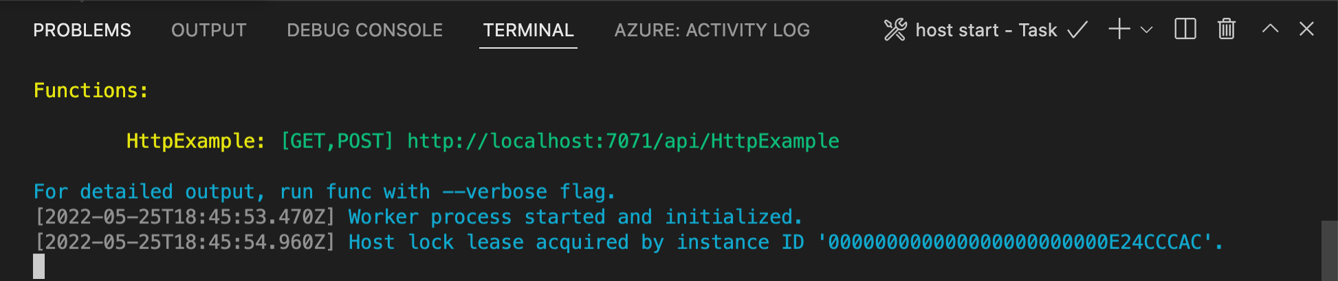 Capture d’écran de la sortie Visual Studio Code de la fonction locale.