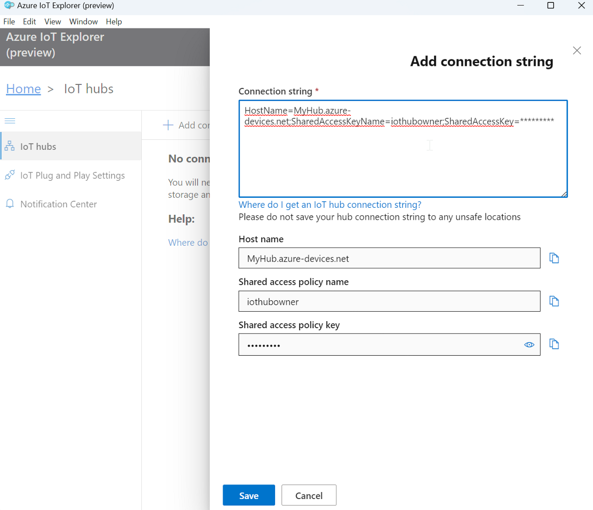 Capture d’écran de l’ajout d’une connexion dans IoT Explorer.