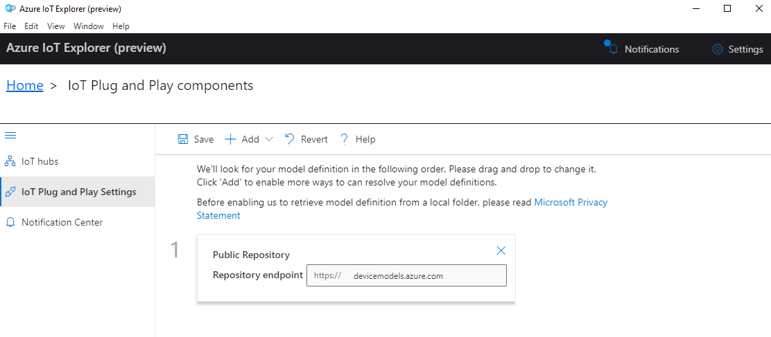 Capture d’écran de l’ajout du référentiel de modèle public dans IoT Explorer.