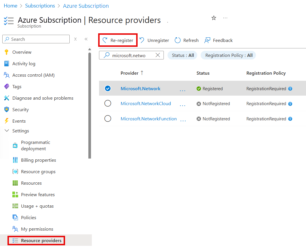 Capture d’écran de la réinscription du fournisseur de ressources Microsoft.Network dans l’abonnement.