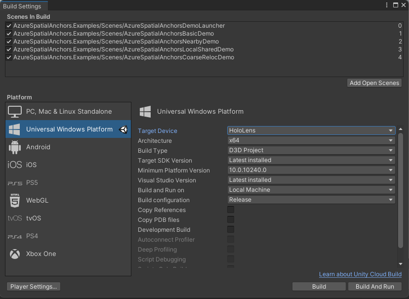 Capture d’écran du volet Paramètres de build Unity - HoloLens