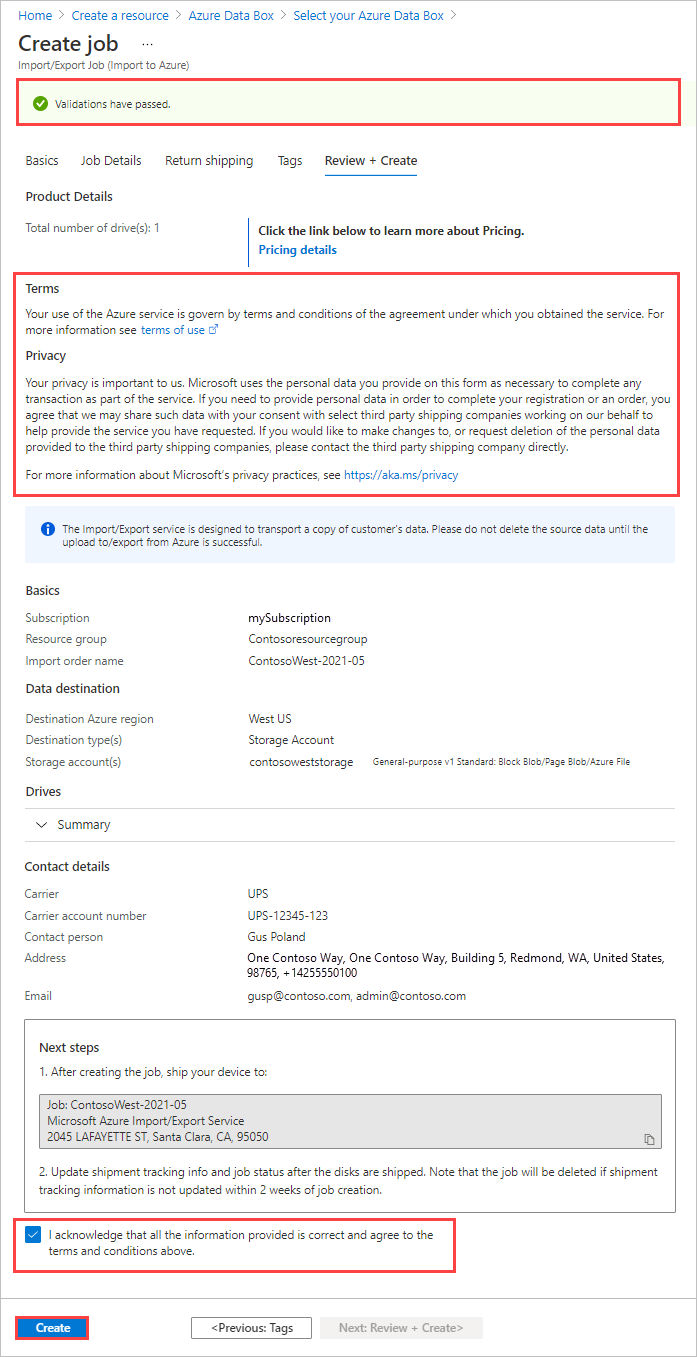 Capture d’écran montrant l’onglet Vérifier + créer d’une tâche d’importation/exportation Azure. L’état de validation, les conditions et le bouton Créer sont mis en évidence.