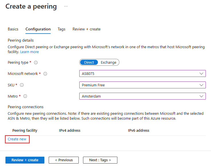 Capture d’écran montrant l’onglet Configuration dans le cadre de la création d’un Peering dans le Portail Azure.