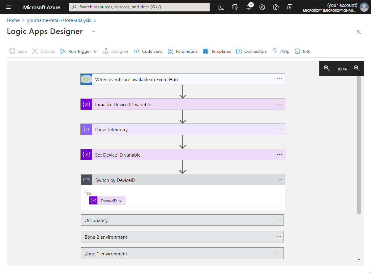 Capture d’écran du concepteur Logic Apps dans le portail Azure avec l’application logique initiale.