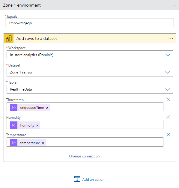 Capture d’écran montrant l’action d’environnement de zone 1 dans le concepteur Logic Apps.