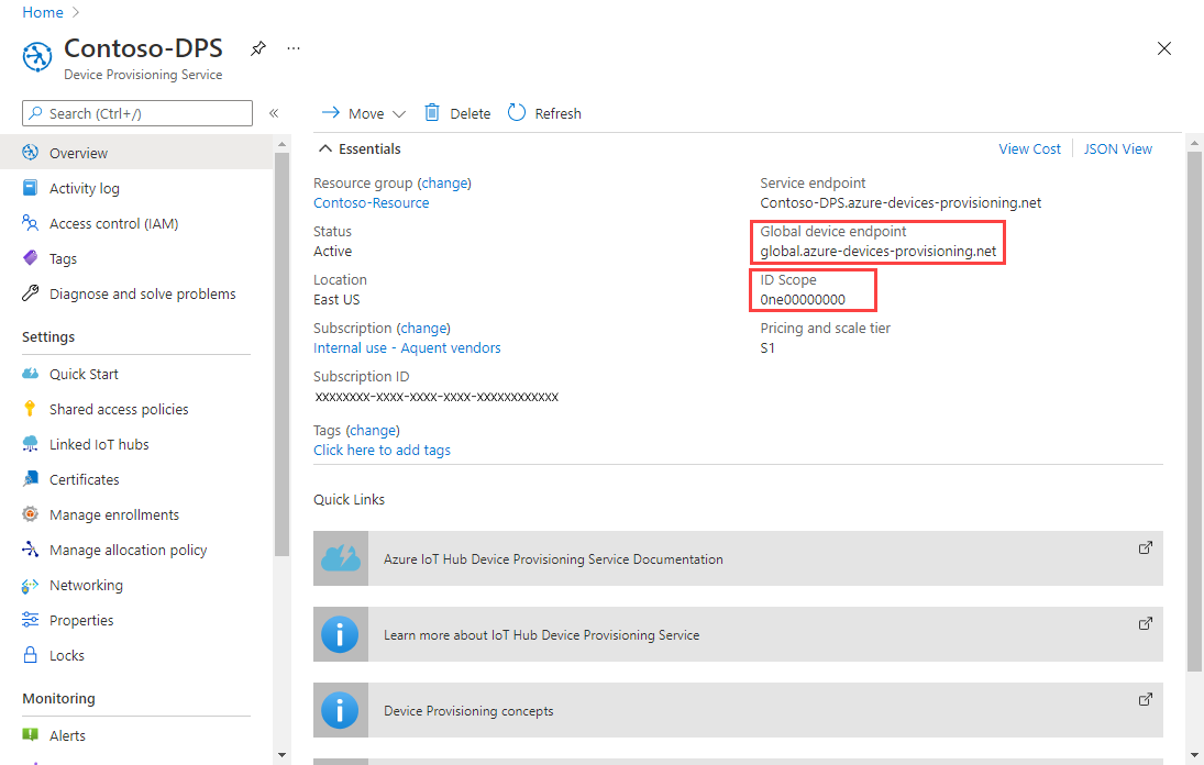 Capture d’écran de la page de présentation du service Device Provisioning dans le portail Azure.