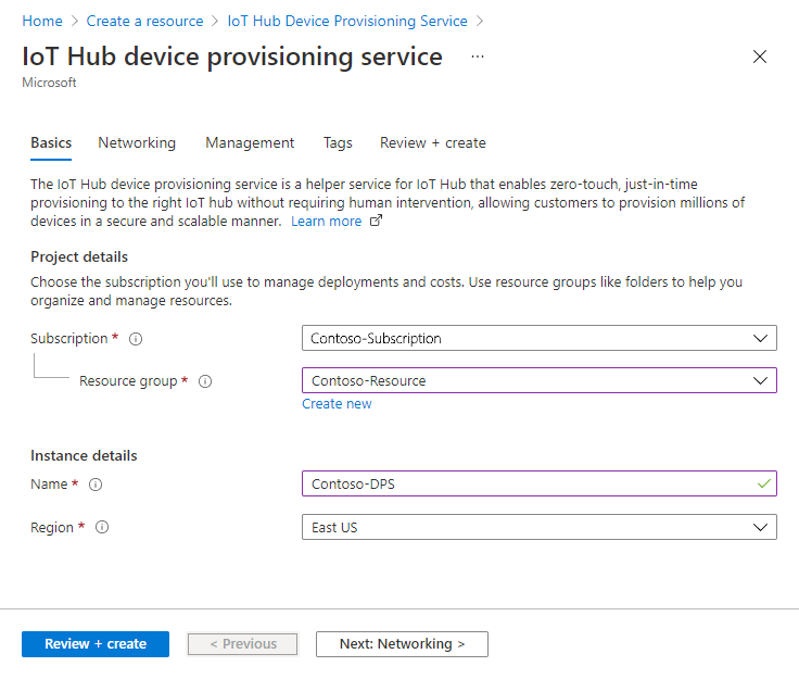 Capture d’écran montrant l’onglet Informations de base du service IoT Hub Device Provisioning. Entrez les informations de base de l’instance du service Device Provisioning dans le panneau du portail.