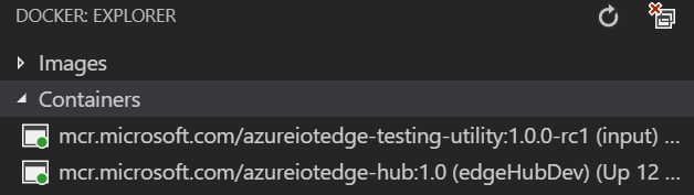 Capture d’écran montrant l’état du module du simulateur dans le volet Explorateur Docker de Visual Studio Code.