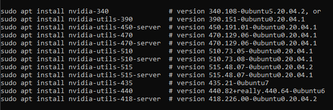 Capture d’écran de toutes les versions `nvidia-smi`.