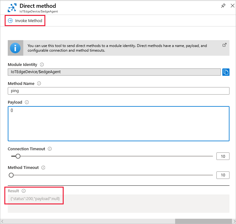 Capture d’écran montrant comment appeler le test ping dans la méthode directe dans le portail Azure.