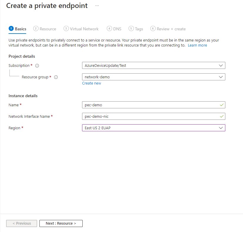 Screenshot showing the Basics page of the Create a private endpoint wizard.