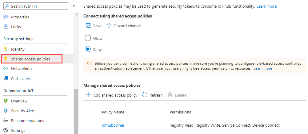 Capture d’écran montrant comment désactiver les stratégies d’accès partagé IoT Hub.