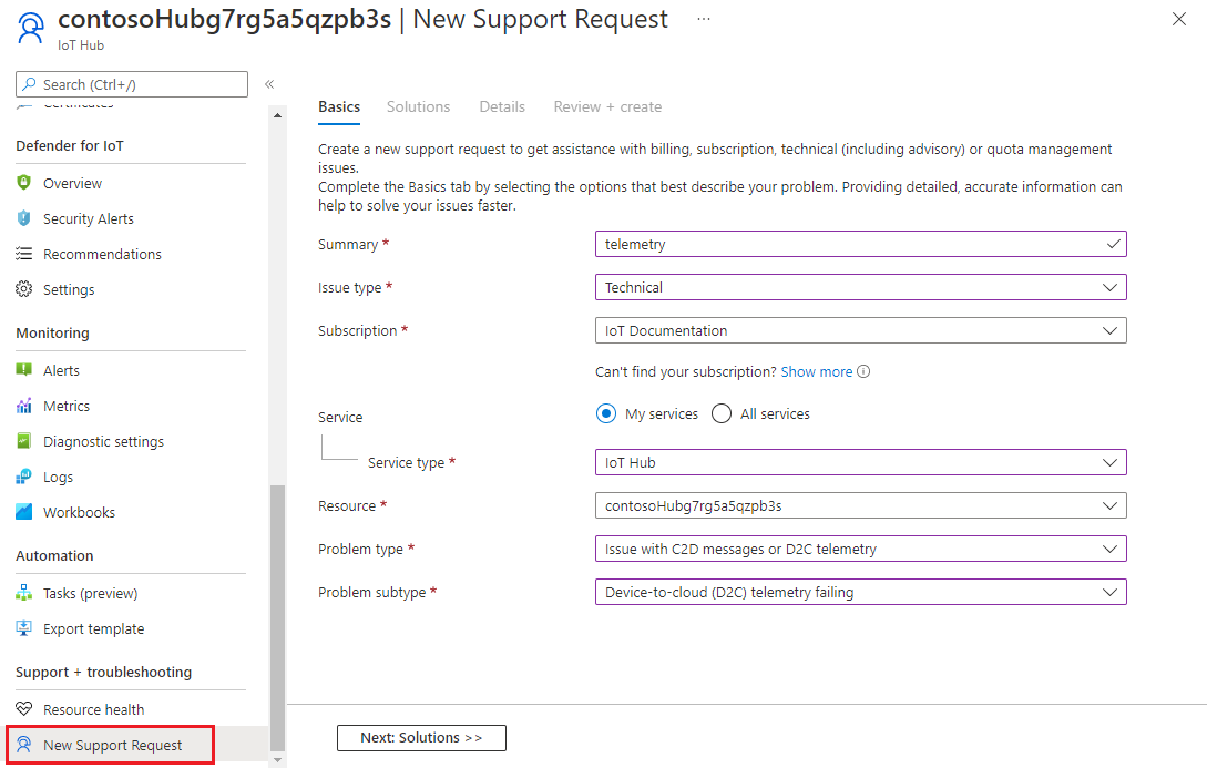 Capture d’écran montrant la sélection d’un problème dans une demande de support sur le portail Azure.