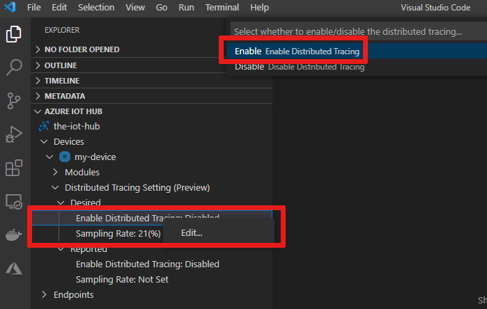 Capture d’écran montrant comment activer le suivi distribué dans l’extension Azure IoT Hub.