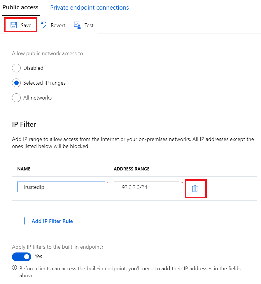 Capture d’écran montrant comment supprimer une règle de filtre IP IoT Hub.