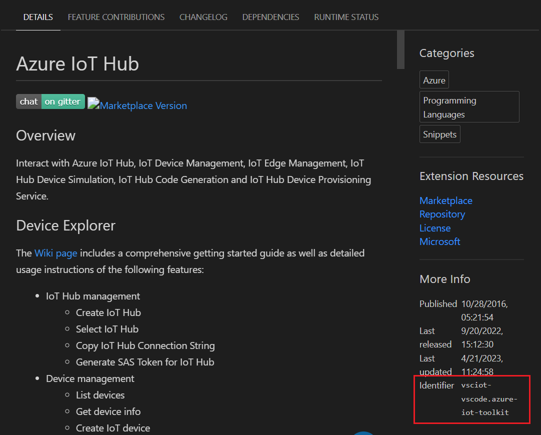 Capture d’écran montrant l’identificateur d’extension pour l’extension Azure IoT Hub à partir de la page des détails de l’extension.