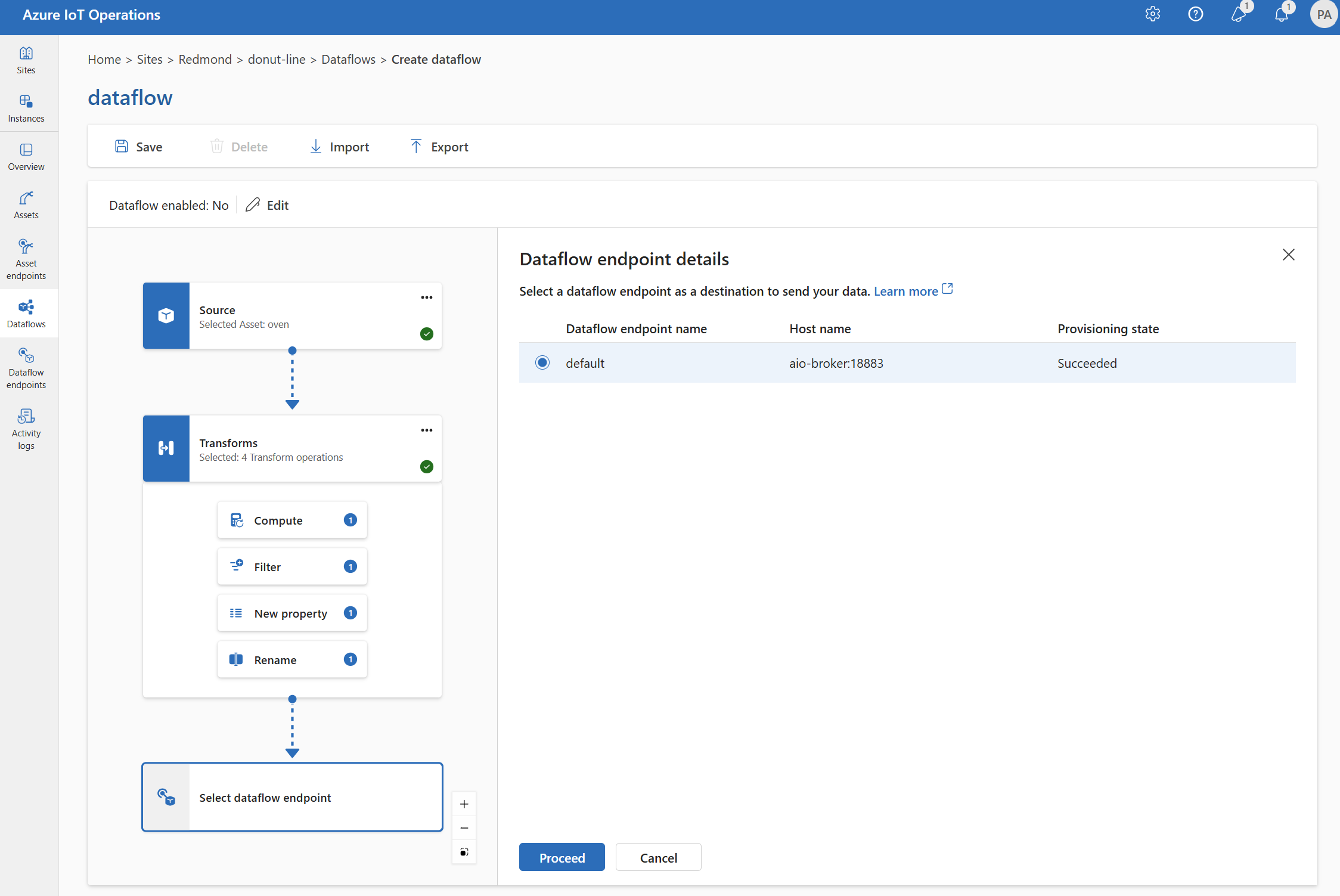 Capture d’écran utilisant l’expérience des opérations pour sélectionner le point de terminaison de destination Event Hubs.