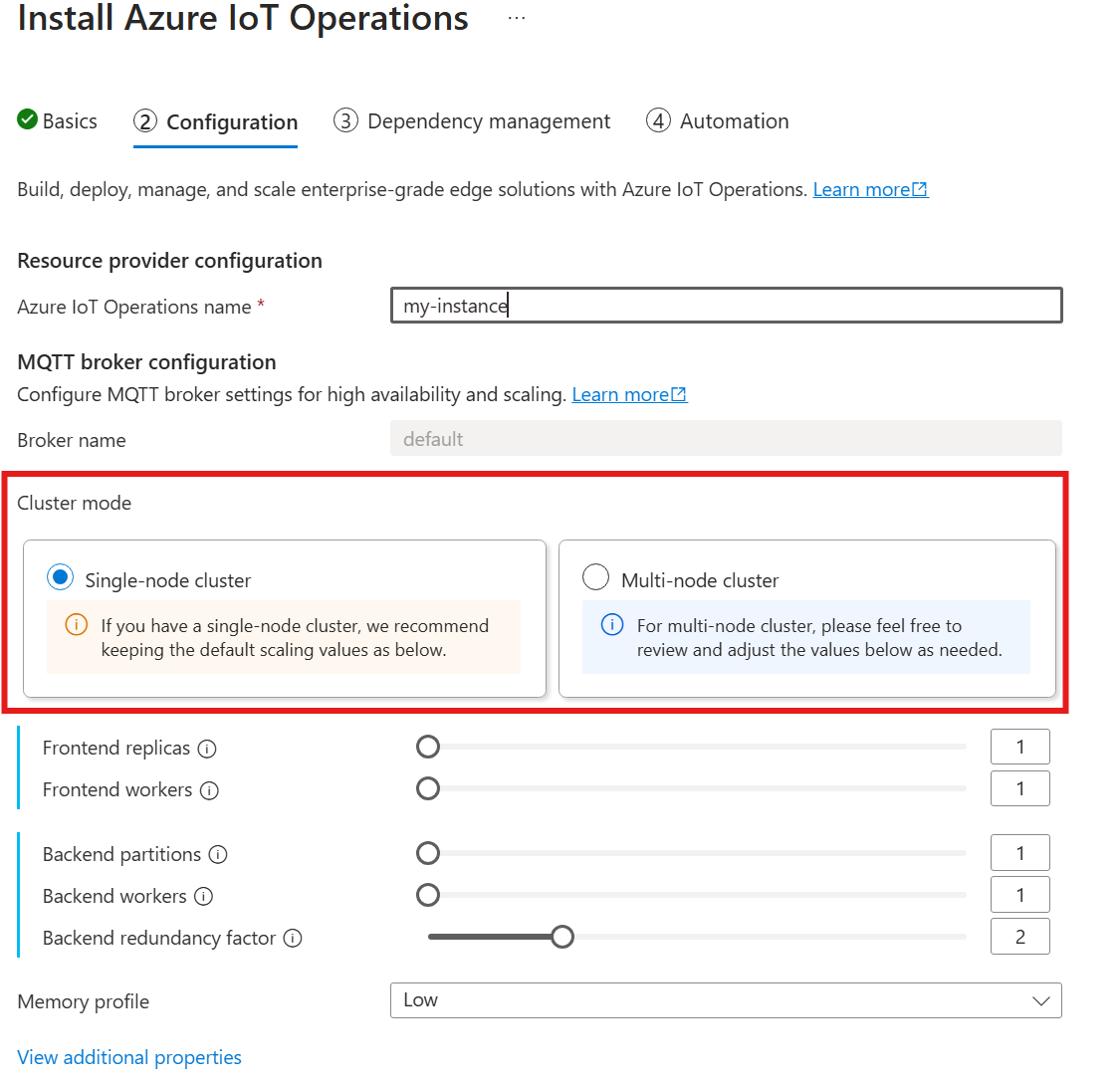 Capture d’écran montrant dans le portail Azure où sélectionner une configuration à nœud unique ou multinœud.