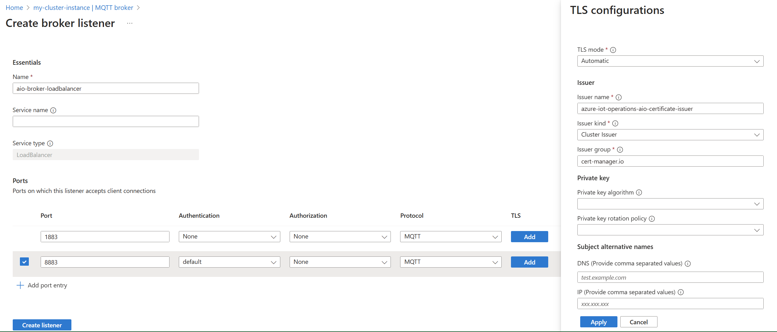 Capture d’écran de l’utilisation du portail Azure pour créer l’Agent MQTT pour l’écouteur de l’équilibreur de charge.