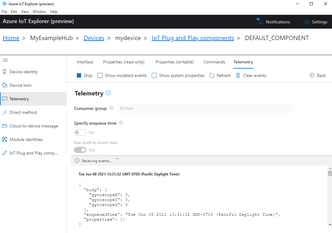 Capture d’écran de télémétrie d’appareil dans IoT Explorer