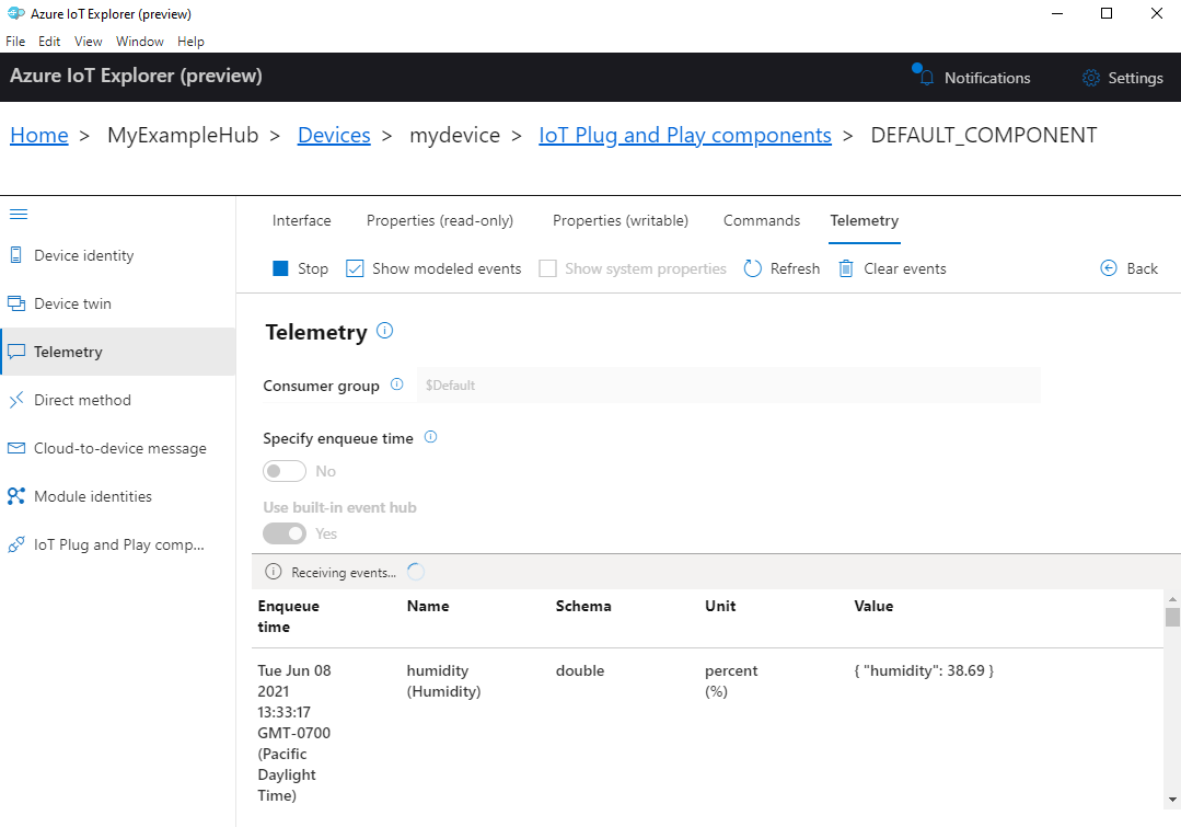 Capture d’écran d’événements de télémétrie modélisés dans IoT Explorer