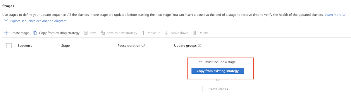 Capture d’écran du Portail Azure illustrant la création d’une exécution de mise à jour. Le bouton « Copier à partir d’une stratégie existante » est mis en évidence.