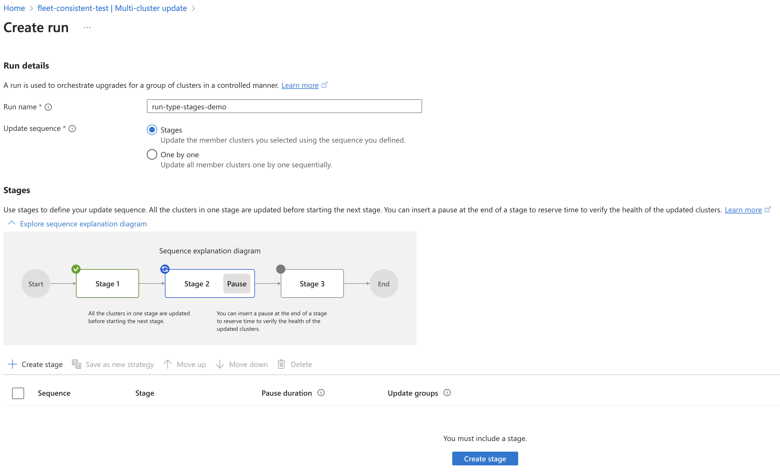 Capture d’écran de la page du portail Azure pour choisir le mode Phases dans l’exécution de la mise à jour.