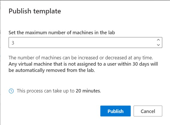 Capture d’écran montrant la fenêtre Publier un modèle, ce qui vous permet de spécifier la capacité du labo (nombre de machines virtuelles dans le labo).