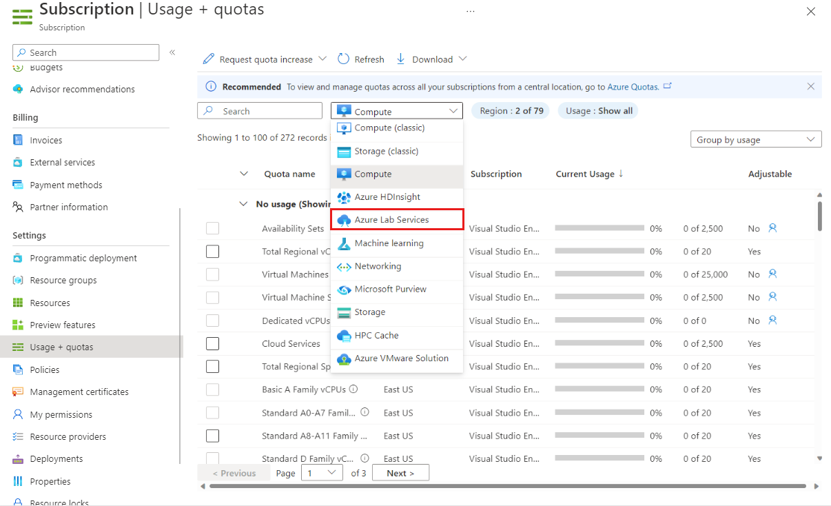 Capture d’écran montrant la page Utilisation et quotas, liste déroulante Calcul, avec Azure Lab Services mis en évidence.