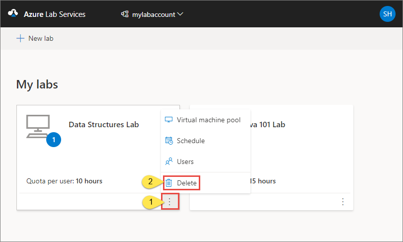 Capture d’écran montrant la liste des labos sur le site web Azure Lab Services, avec le bouton Supprimer mis en évidence.