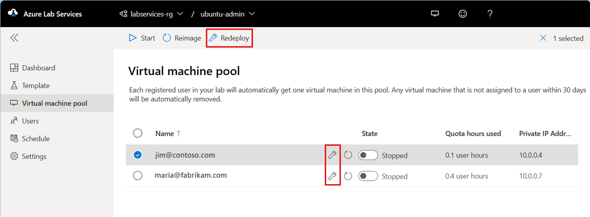 Capture d’écran montrant le pool de machines virtuelles dans le portail web Lab Services avec le bouton Redéployer mis en évidence.