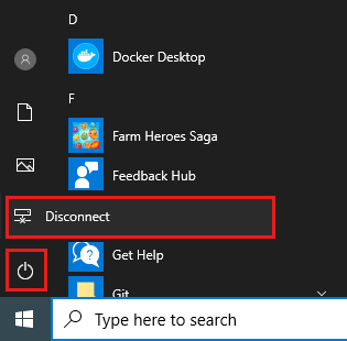 Capture d’écran du menu Démarrer dans Windows. Le bouton d’alimentation et l’élément de déconnexion sont mis en évidence.