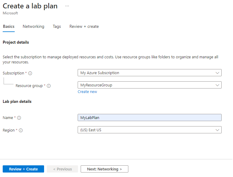 Capture d'écran de la page De base pour la création d'un plan de laboratoire.