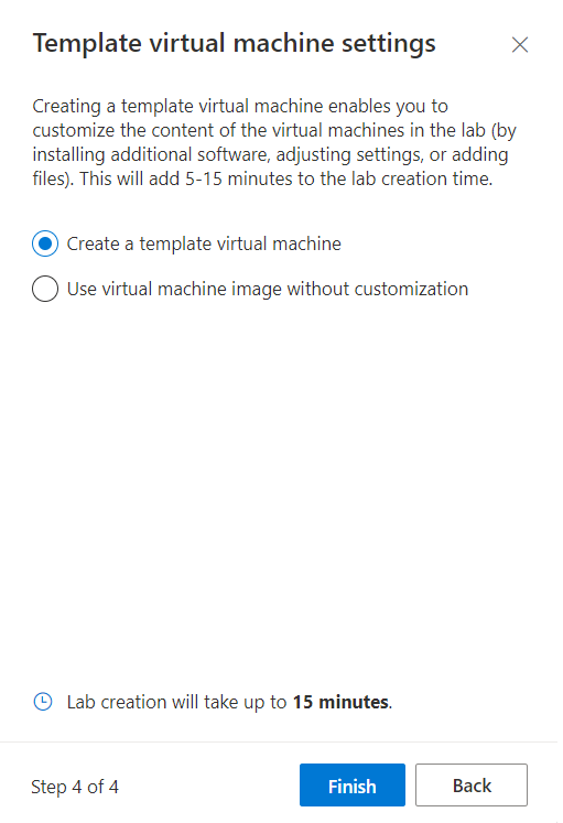 Capture d’écran des fenêtres des paramètres de modèle de machine virtuelle lors de la création d’un laboratoire Azure Lab Services.