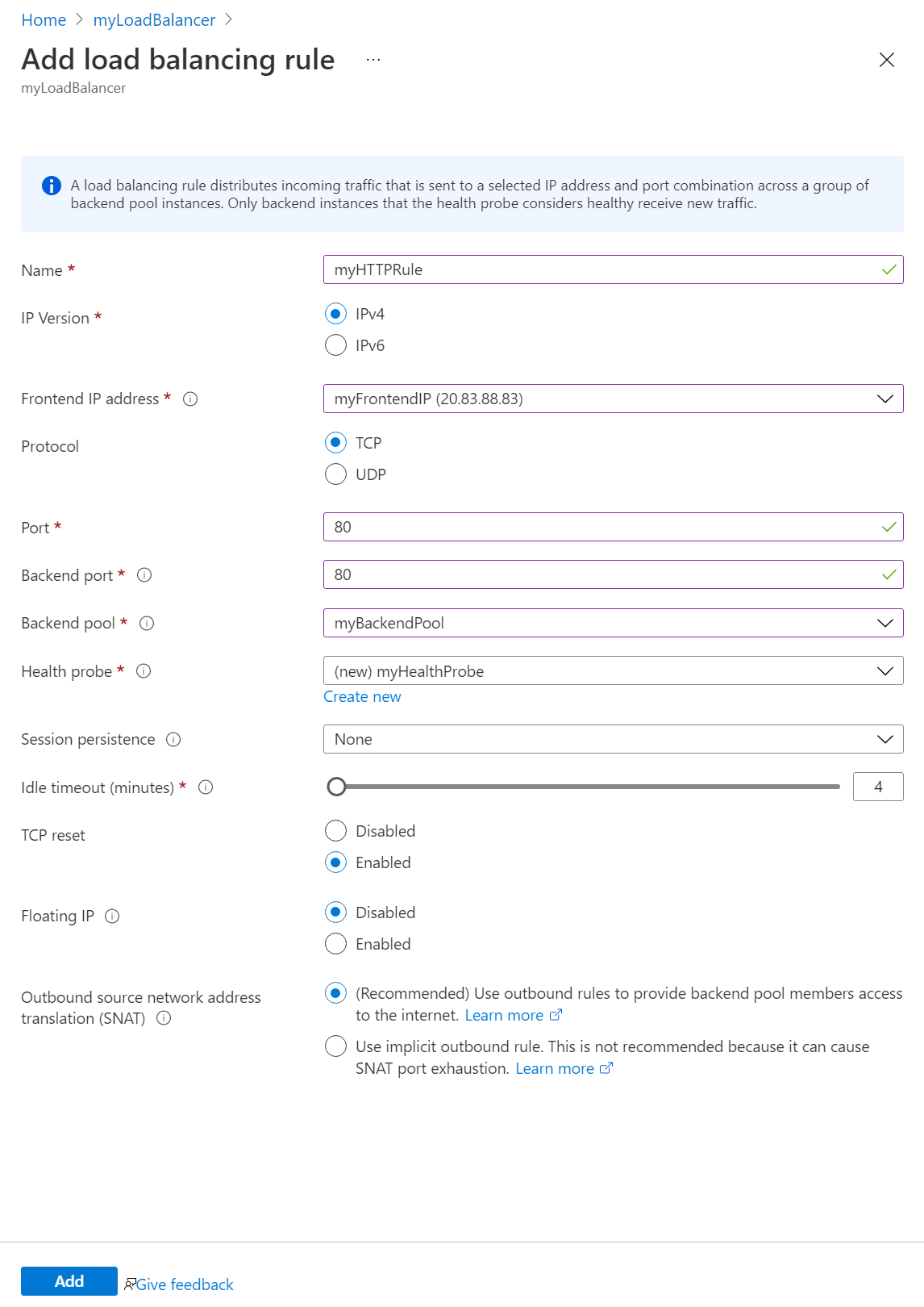 Screenshot of the add load balancer rule page.